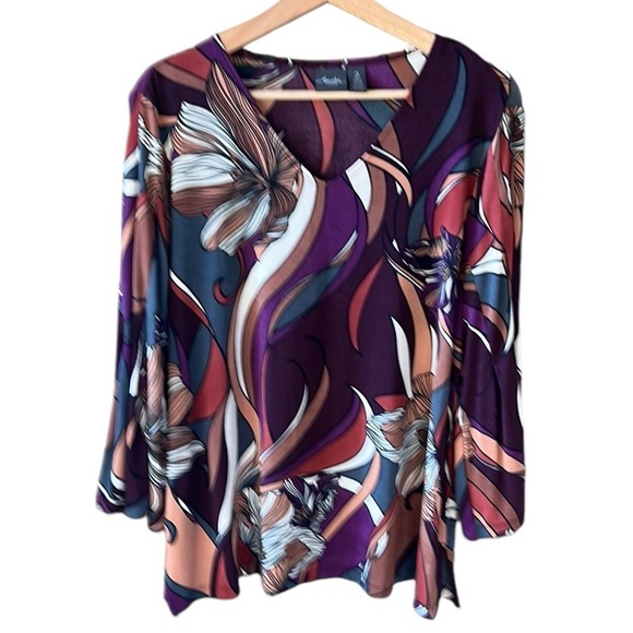 Chico’s Travelers Sz L Baroque Autumnal Floral Print V Neck Bell Sleeve Blouse - Picture 1 of 9